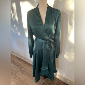 Gabby Skye Satin Faux-Wrap Fit-&-Flare Dress Green Tie Waist SZ 14